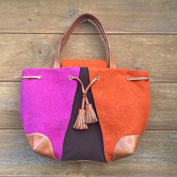 Kate Spade Coal Devon Purse Orange Pink Brown Wool Blend Leather Tote - Picture 1 of 10